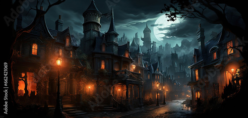 Sinister creepy Gothic city at night with illuminated windows and lanterns under a full moon