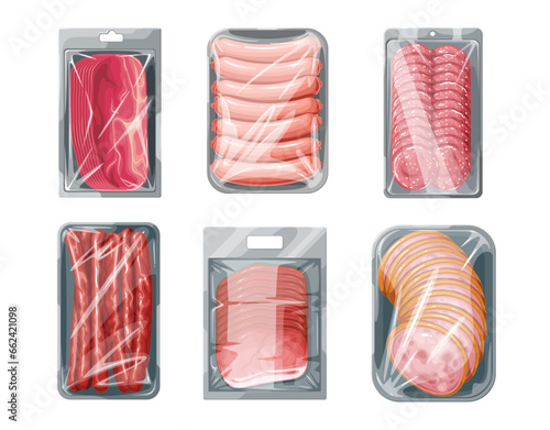 Sausages in plastic tray set vector illustration. Cartoon isolated supermarket packages collection with delicatessen slices of smoked sausages in pack, wieners and ham cut into pieces for sandwich