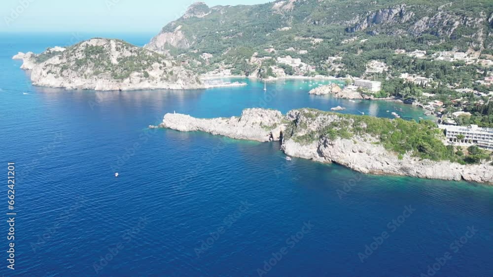 Greece, Corfu, Summer 2023. Bird's eye view of the beach Paleokastrica Greece, Corfu, Summer 2023. Bird's eye view of the beach Paleokastrica