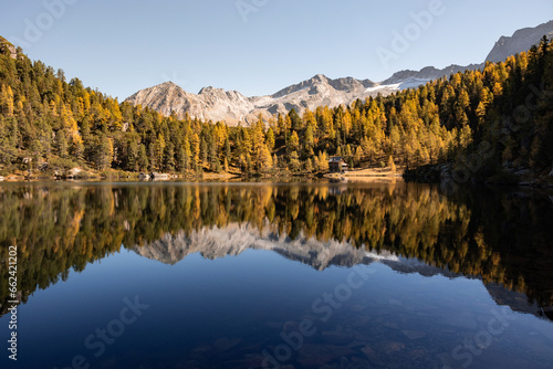 High alpine lake Reed See in late autumn, symmetrical reflection and bright colors, Austria