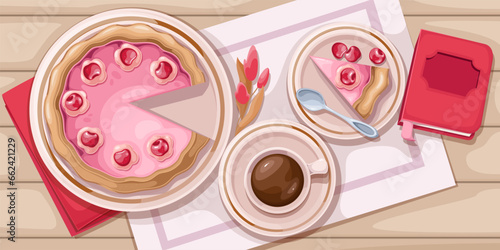 Cherry pie serving, top view vector illustration. Cartoon whole round cut berry tart with pink cream and crust, piece of pie on plate with spoon and cup of coffee for breakfast at wooden table