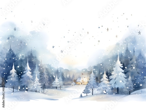 The watercolor illustrated snowscape in winter, ai generative