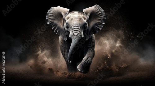 Young elephant running on dust dark view. AI generated image © prastiwi