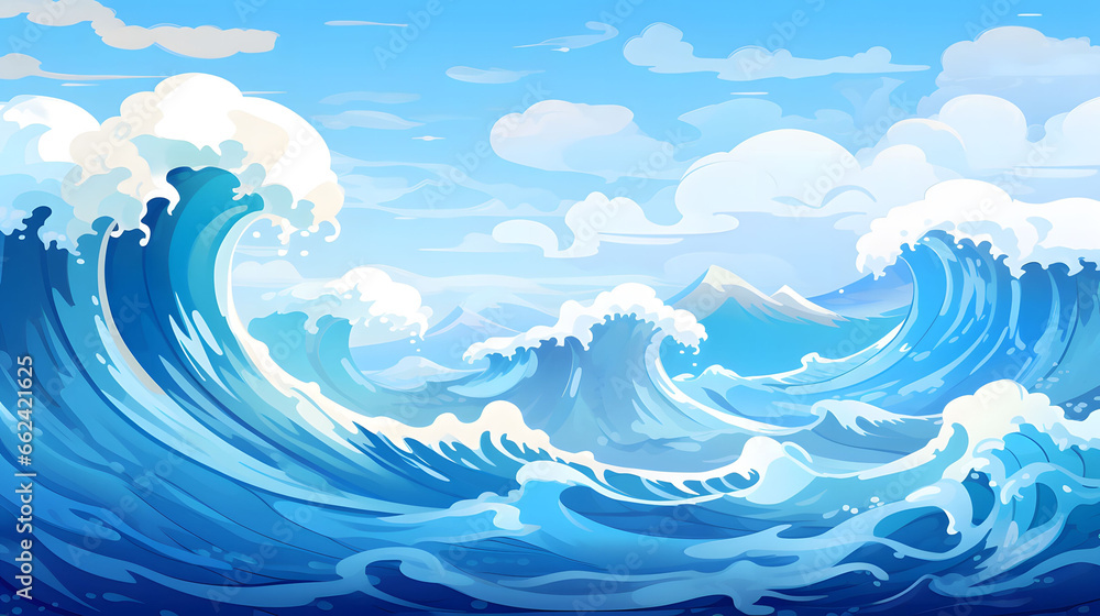 Sunny Ocean Wave with Happy Clouds and Splash Background Illustration