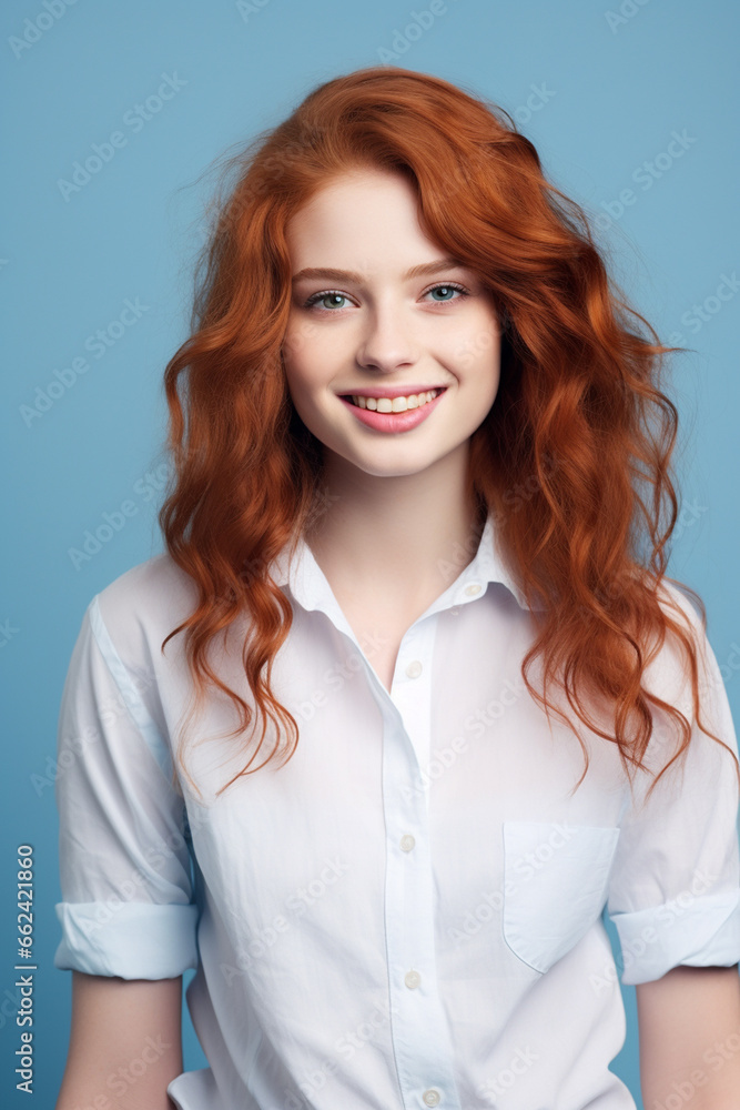 Laughing girl with red hair on a blue background Laughing girl with red hair on a blue background