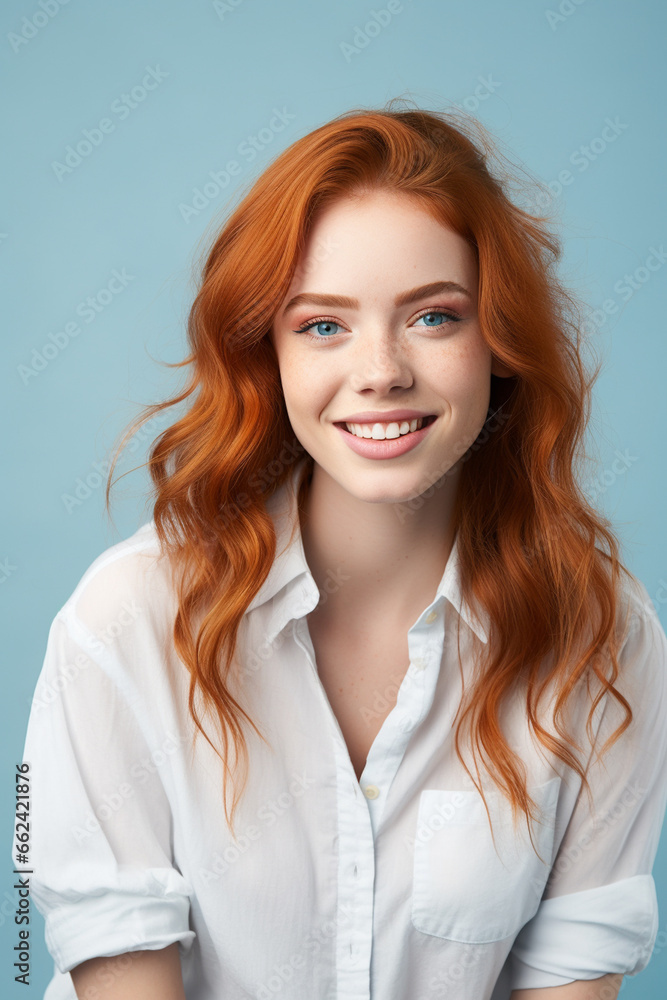 Laughing girl with red hair on a blue background