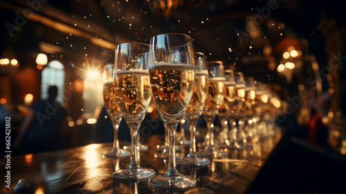 Champagne Flutes in celebrationday, Christmas And New Year holiday, christmas lights in the city photo