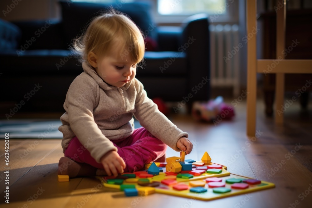little boy playing with coloured pieces in his living room