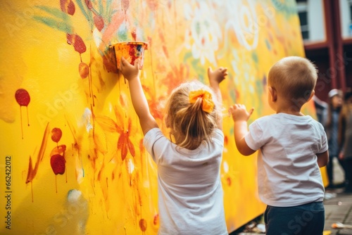 children in the nursery painting a mural in autumn colours