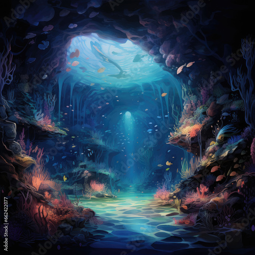 Underwater cavern with bioluminescent creatures and coral