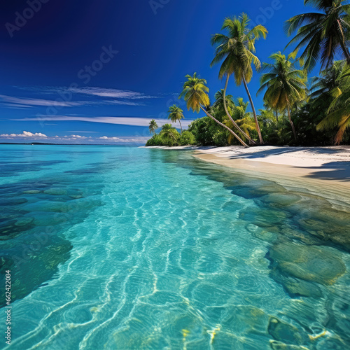 Tropical paradise with palm fringed beaches and clear blue waters