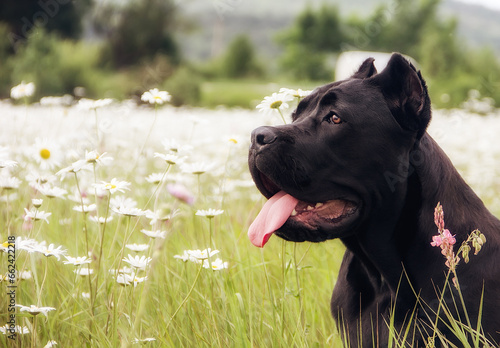 Dog Cane Corso in daisies in a portrait on a clear day.