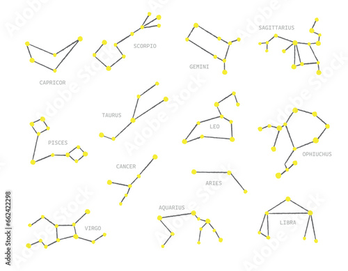 Star set, a collection of 13 zodiac signs with names. Vector isolated on transparent background
