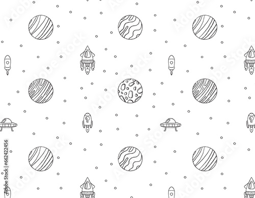 pattern of planets and space rockets on a transparent background, doodle style, space adventure, children's print. Vector graphics for packaging and testing design