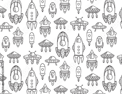 transport to space pattern on a transparent background, doodle style, space adventure, children's print. Vector graphics for packaging and testing design