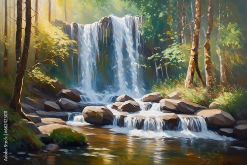 waterfall in the forest An oil painting of a forest waterfall, inspired by Claude Monet, a serene scene with  photo