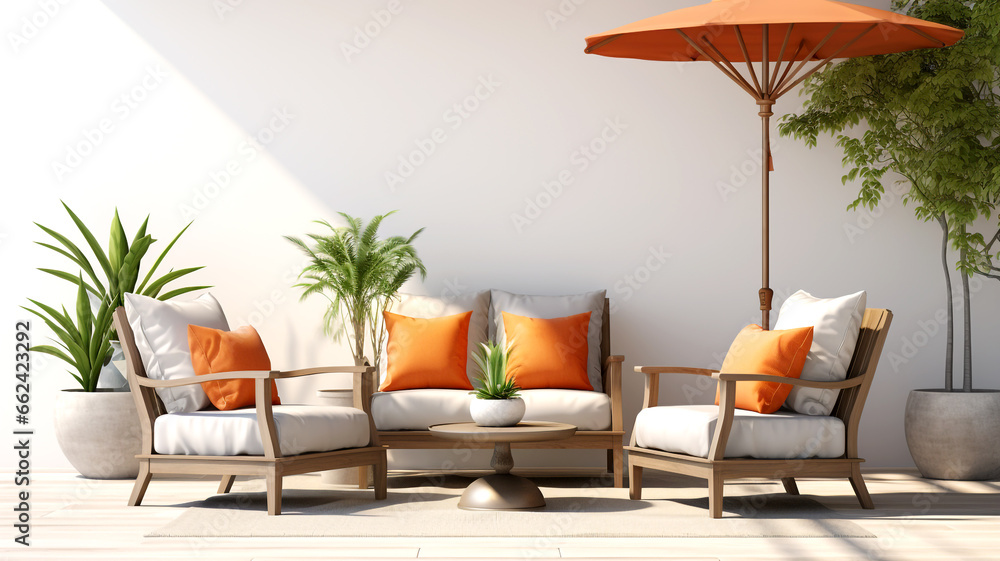 Discover outdoor lounge setup with lounge chairs and patio furniture, designed for al fresco relaxation. - obrazy, fototapety, plakaty 