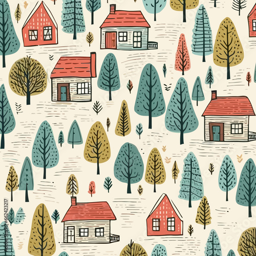 Hunting cabins or lodges quirky doodle pattern, background, cartoon, vector, whimsical Illustration