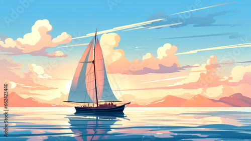 Embrace the serenity of a sailboat gently gliding on calm waters—an idyllic maritime setting perfect for nautical enthusiasts and ocean adventurers.