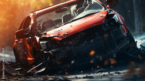 Close-up of a road-damaged car from reckless driving..