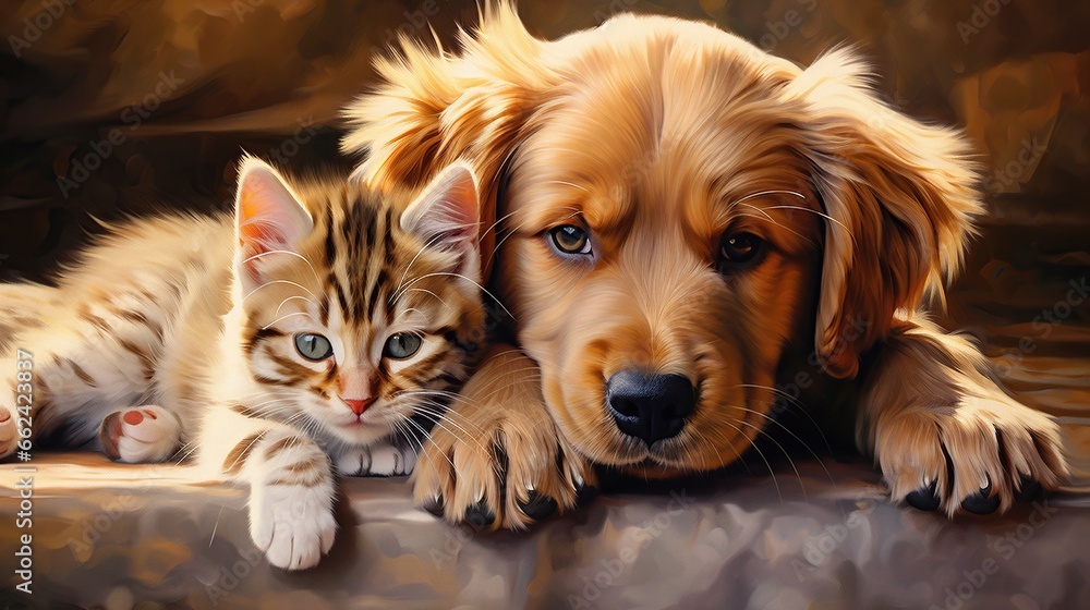 Cat and dog sit down together isolated blur background. AI generated image