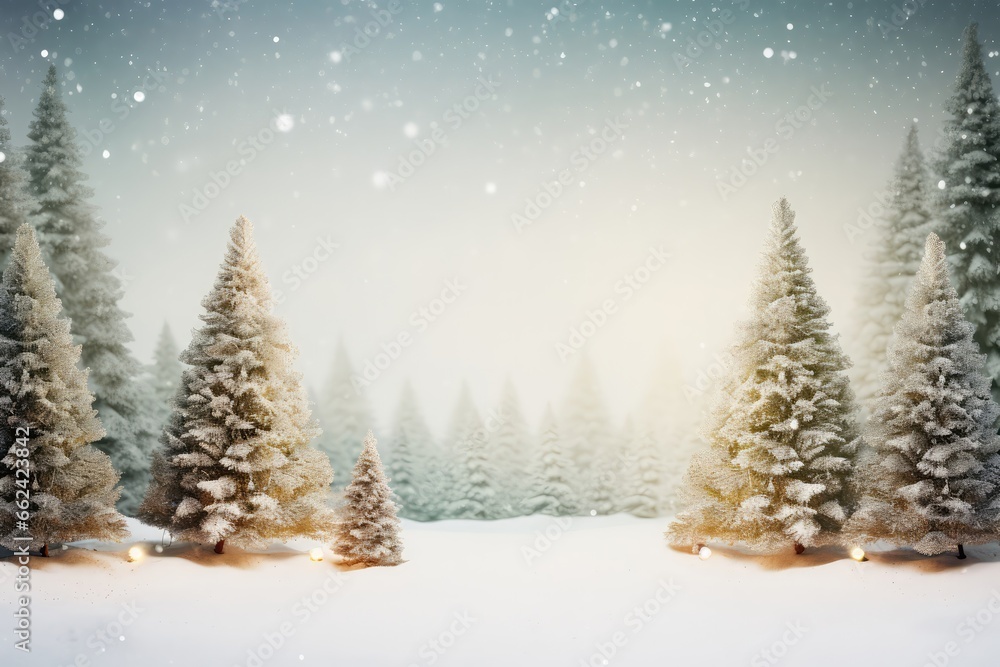 Beautiful Festive Christmas Scene With Snowy Forest, Decorated Christmas Tree, And Snowfall, With Ample Space For Copy