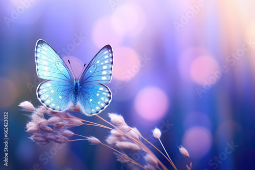 Beautiful Blue Butterfly Resting On Blade Of Grass In Nature, With Soft Focus On Blurred Purple Background And Beautiful Bokeh, Creating Ragical, Dreamy, And Artistic
