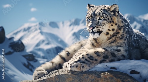Pensive Snow Leopard gazing into the distance from a rocky perch, its piercing blue eyes reflecting the mountain's solitude. © Sajawal