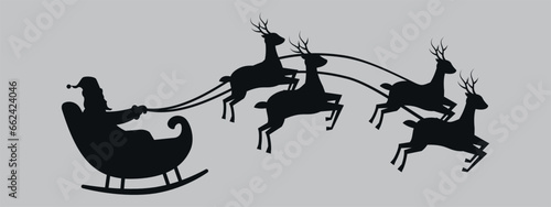 Santa Claus on a sleigh with reindeer. Black silhouette. Vector on gray background 