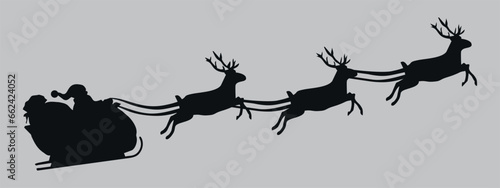 Santa Claus on a sleigh with reindeer. Black silhouette. Vector on gray background  © Dima