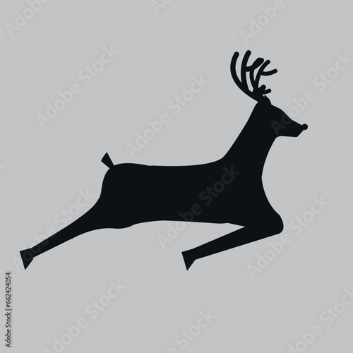 Running deer. Black silhouette. Vector on gray background 