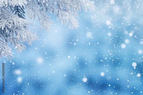 Blue Winter Christmas Nature Background Frame, In Wide Format, Featuring Snowcovered Fir Branches, Snowdrifts, Defocused Blurred Forest, And Falling Snow, Complete With Copy Space