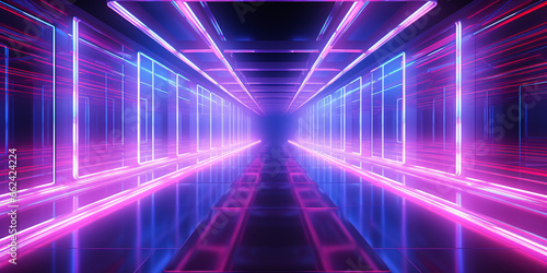 Immerse yourself in a futuristic world where a long corridor glows with neon fluorescence amidst a cyber-themed backdrop