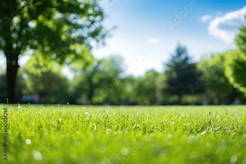 Blurred Background Image Showcasing The Spring Beauty Of Wellmaintained Lawn Surrounded By Trees Against Blue Sky With Clouds On Bright Sunny Day