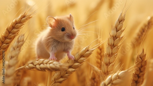 Tiny harvest mouse nimbly navigating a sea of golden wheat, its fur blending seamlessly with the abundant harvest.
