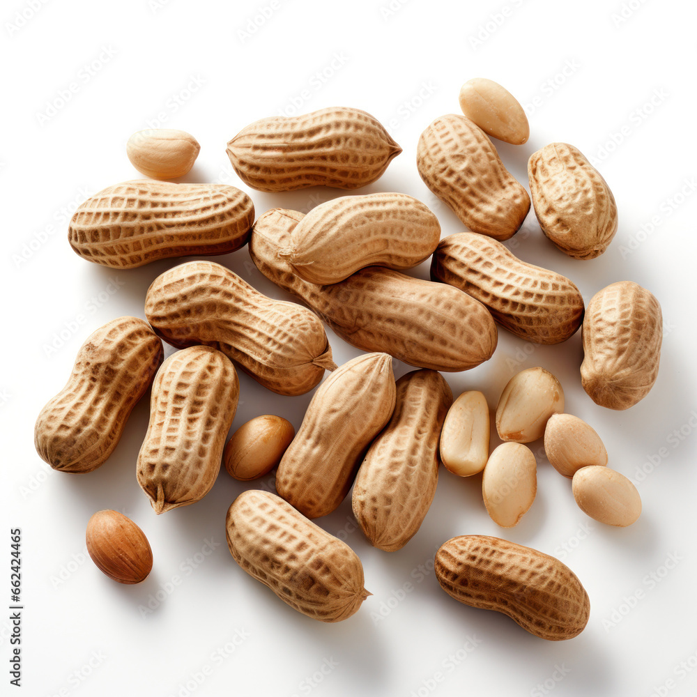 Peanuts pile with and without shell source of protein isolated on white background Generative AI Illustration Peanuts pile with and without shell source of protein isolated on white background Generative AI Illustration