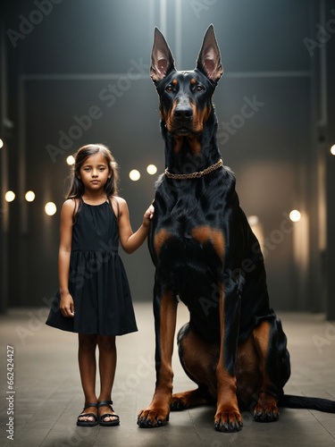 Little girl with big doberman dog