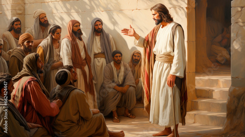 Illustration of Jesus Christ the Son of God teaching by parables and preaching to the people of Jerusalem Generative AI
