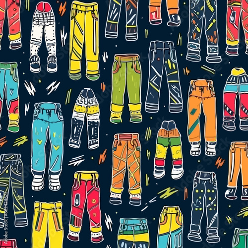 Ski pants quirky doodle pattern, background, cartoon, vector, whimsical Illustration