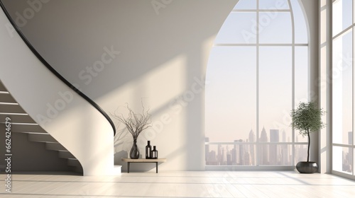 A mock-up and 3D render show two stairs, an empty wall and a metropolis outlook in the design of the interior.