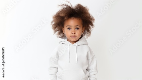 portrait of cute little african american girl with curly hair in white hoodie, isolated on white background