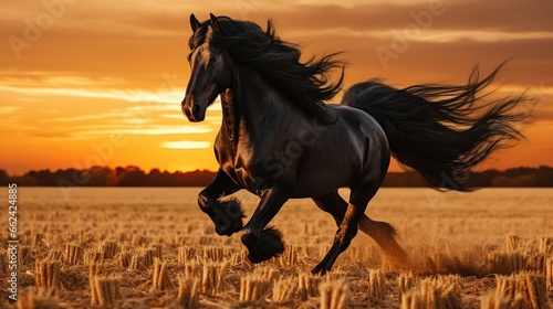 Beautiful black horse galloping in the field at sunset. AI generated image
