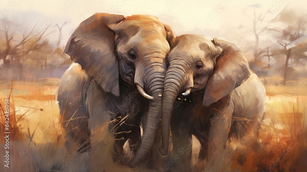 Elephants showing affection in each other nature background. AI generated image
