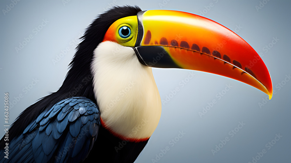 Naklejka premium Colorful exotic toucan bird with a large beak in close-up.