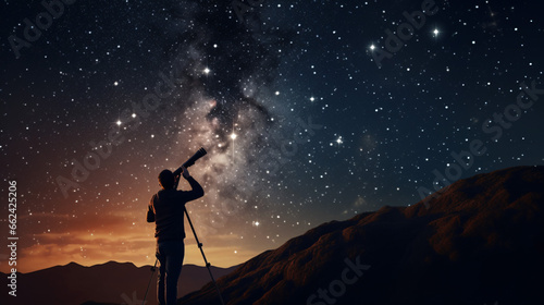 Foto A man gazes at the night sky through an astronomy telescope, observing stars, pl