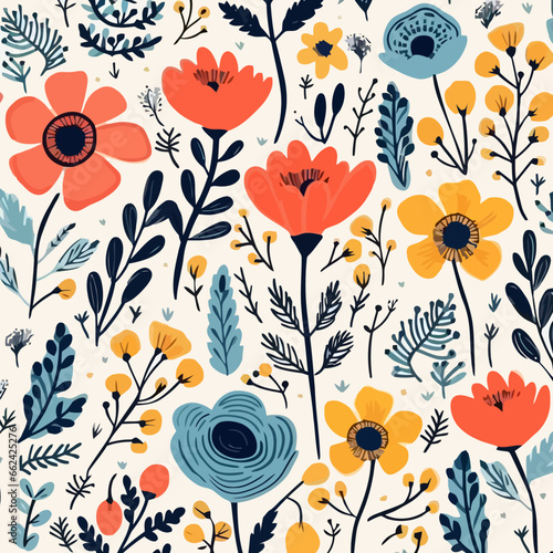 Rustic florals quirky doodle pattern, background, cartoon, vector, whimsical Illustration