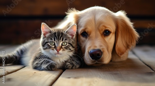 Cat and dog sit down together isolated blur background. AI generated image © prastiwi