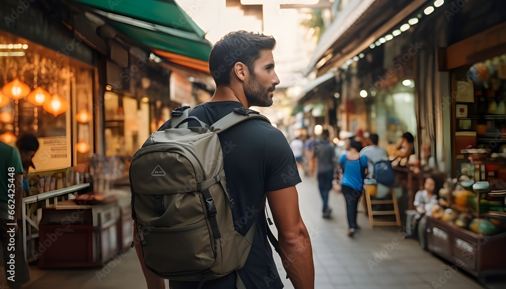 Digital nomad walking asian streets with backpack, rear view Digital nomad walking asian streets with backpack, rear view