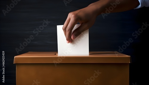 Close-up of an african american man's hand placing his secret ballot in the ballot box. Democracy and votes photo