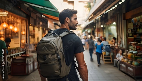 Digital nomad walking asian streets with backpack, rear view